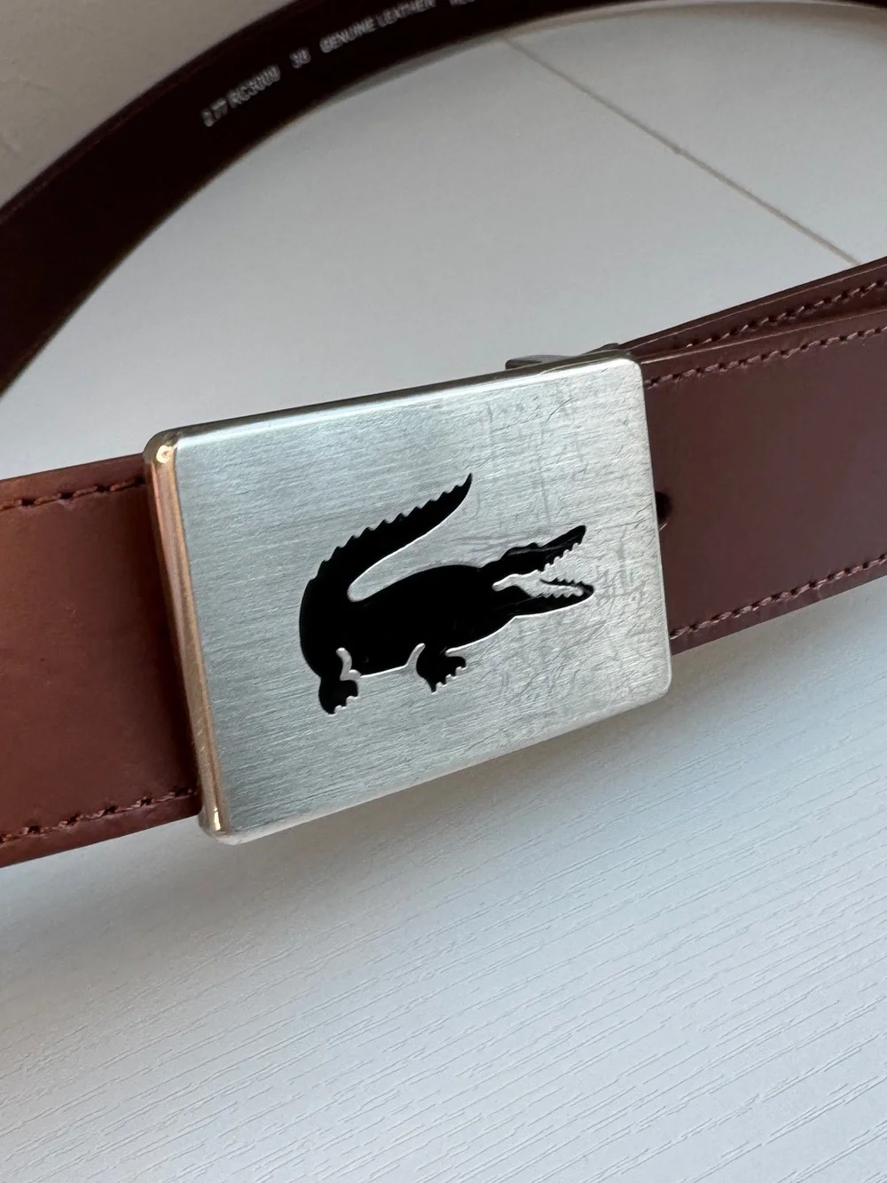 Lacoste Men's Belt Leather Crocodile Plaque Buckle Jeans Dress Pants S20 sz 40”